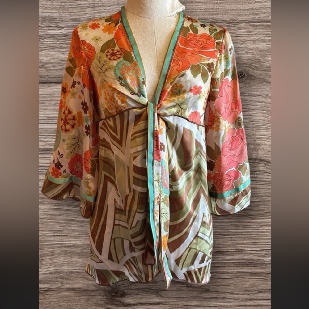 CAbi 100% Silk Floral and Geometric Women's Kimono